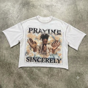 T-shirt graphique surdimensionné personnalisé pour hommes et femmes, vintage, délavé, 100% coton, streetwear, strass, perles, effet vieilli, 300g, tendance - Product Image 2