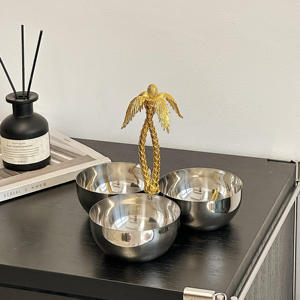 Luxury Silver <b>3</b> Section Serving Bowl With Gold Palm Tree Handle Elegant Metal Triple Nut Tray For Tropical Home Decor - Product Image 1