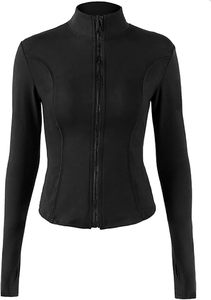 Women's Black Full Sleeve <b>Zipper</b> Yoga <b>Top</b> Stand Collar Breathable Spandex Polyester Solid Color Regular Fit All Seasons - Product Image 3
