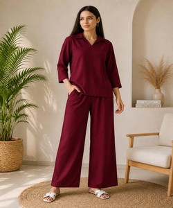 Stylish Women Polyester Crush Co Ord Set Plain Top With Palazzo Party Wear India Pakistan Style 85212 FVD- KitkatTop-Plazoo - Product Image 1
