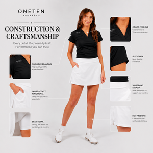 ONETEN Women's Performance Golf Set <b>Black</b> V-Neck <b>Short</b> <b>Sleeve</b> <b>Top</b> White Knee Skort Athletic Fit Sporty Casual Outfit One Set - Product Image 3
