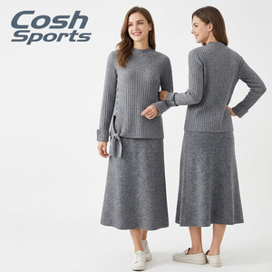 Custom OEM ODM Urban Sets Elegant Long Sleeve Tie-Side Top and Matching Midi <b>Skirt</b> Outfit - Product Image 1