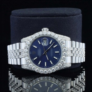 Double Gold Tone – Iced Out Style Mossinate Diamond Watch For Men Blue Dial Stainless Steel Silver Metal Water-Resistant Watch - Product Image 1