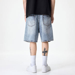 Men's Light Wash Distressed Denim Shorts Straight Leg Mid Waist Casual Summer Wear Ripped Hole Design Woven Cotton Fabric - Product Image 5