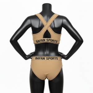 Conjunto de Bikini Premium para Mujer en Poliéster y Spandex GSM, Diseño Beige con Tirantes Cruzados y Paneles, Logotipo Personalizado por Transferencia Térmica - Product Image 2