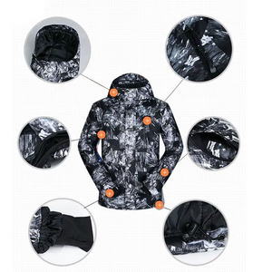<b>Men</b> Waterproof Ski & Snowboarding Jacket <b>Black</b> Grey White Abstract Print Hooded Snow Coat Powder Skirt Insulated Zipper Closure - Product Image 5