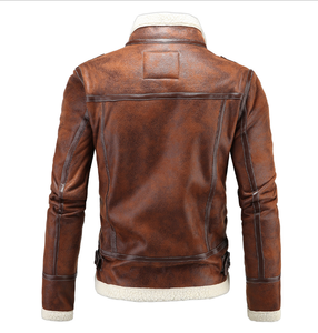 <b>Men's</b> Brown Leather <b>Jacket</b> With <b>Shearling</b> Lining Full Sleeve Winter Windproof Motorcycle Style - Product Image 2