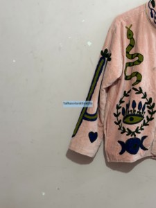 Veste en coton rose brodée, col mandarin, manches longues, broderie à la main, style Prairie Chic, veste pour femme, style printemps - Product Image 5