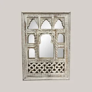 Miroir mural en bois vintage, finition blanche vieillie, miroir rectangulaire décoratif à suspendre pour salon, entrée - Product Image 1