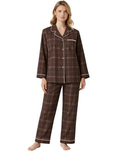 Ensemble de pyjama pour femme à carreaux marron personnalisé, manches longues, boutonné, vêtements de nuit en coton doux, ensemble de vêtements de détente en deux pièces - Product Image 1
