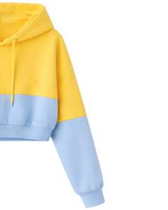 Ensemble décontracté deux pièces pour femme, comprenant un crop top à capuche et un short, bicolore jaune et bleu, en molleton de coton, vêtements de détente, fabricant en gros - Product Image 2