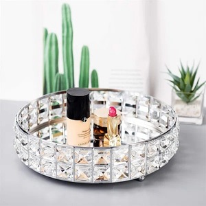 Round <b>Mirrored</b> Glass Storage <b>Tray</b> With Crystal Accents Modern Luxury Design For Table Top Use - Product Image 1