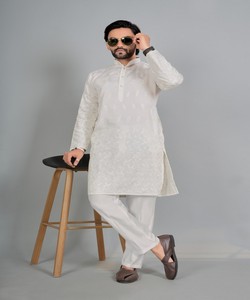 White <b>Men's</b> Cotton Silk <b>Kurta</b> Pajama Traditional Wedding Ethnic Wear India Pakistan Regular Fit 85414 SWASTIK- TOXIC 2 - Product Image 3