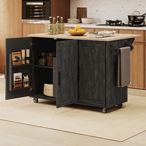 Isola da Cucina con Piano Ribaltabile da 130 cm, Design Geometrico a Righe Testurizzate, con Ruote in Stile Rustico e Spazio Interno - Product Image 3