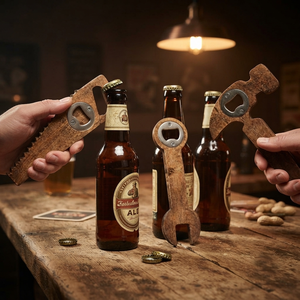 Nouvel ensemble de 3 décapsuleurs en bois originaux : Scie, clé et marteau pour une innovation de barware durable et pétillante - Product Image 6