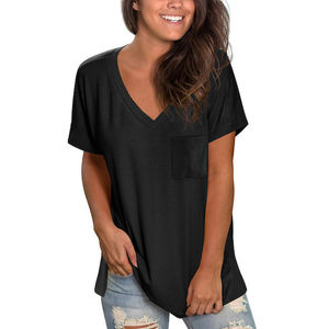 T-shirt en coton à manches courtes et col en V pour femme, couleur unie, coupe ample, haut décontracté avec poche, vêtements de printemps et d'été - Product Image 2