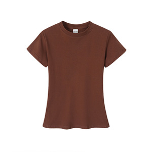 Camiseta de Manga Corta con Cuello Alto para Mujer, Color Marrón, 100% Algodón Jersey, Casual, Color Sólido, Corte Ajustado, Transpirable, Primavera - Product Image 1