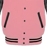 Veste universitaire rose avec manches en PU noir, logo M brodé, col montant, logo frontal, style preppy, vêtement d'automne unisexe, coupe classique