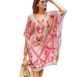 Digital Printed Hot Summer Resort Wear Knee Length Short Sleeves Kaftan <b>Dresses</b> - Product Image 3