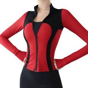 Haut de yoga pour femme rouge et noir, respirant, léger, à haute élasticité, avec fermeture éclair intégrale, coupe ajustée, veste de sport à manches longues pour l'entraînement - Product Image 1