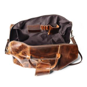 Sac de voyage en cuir véritable, sacs à bandoulière unisexes, doublure en polyester, style vintage, marron, fermeture éclair durable, capacité de 20 à 35 L - Product Image 3