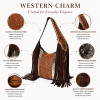 Sac à bandoulière Hobo Western en cuir de vachette pleine fleur fait main avec franges, sac à main de cowgirl en cuir repoussé, sac à main vintage pour femme au quotidien