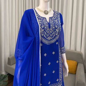 Ensemble Salwar Pakistanaise pour femme en Faux Georgette brodé bleu roi, pour mariage traditionnel, Diwali et tenue de soirée, avec Dupatta, séchage rapide - Product Image 1