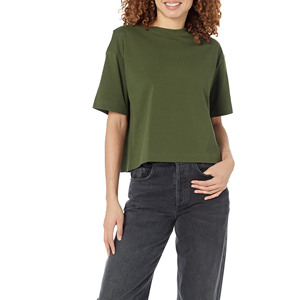 T-shirts décontractés unis à col rond en coton et polyester pour femmes, manches courtes, coupe courte, vente en gros - Product Image 2