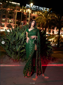 Sari en soie verte brodé réversible, protection solaire, longueur ras du sol, coupe classique, tenue de mariage traditionnelle pour femme, Inde Pakistan - Product Image 3