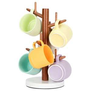 Wooden <b>Kitchen</b> Organizer Mug Rack with <b>Hooks</b> Holds Six Ceramic Mugs and Six Wooden Saucers Minimalist Functional Sty - Product Image 6
