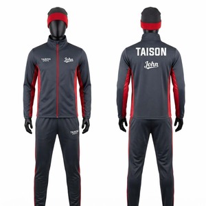 TAISON SPORTS Premium Polyester/Nylon Tracksuit 220 GSM Waterproof Field Hockey Training <b>Suit</b> Dark Charcoal <b>Red</b> Side Panels - Product Image 1