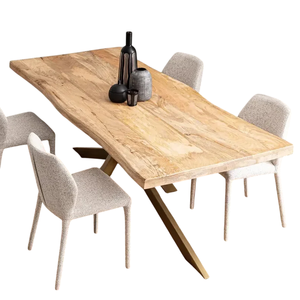 Mesa de Comedor Rectangular de Madera de Mango Sólida con Borde Estilo Onda Industrial, Patas de Metal Dorado Tipo Araña, Estilo Europeo para Cocina o Restaurante - Product Image 2