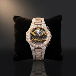 Montre en quartz glacé avec cadran ovale, bracelet en cristal, montre-bracelet en acier inoxydable couleur or rose - Product Image 6