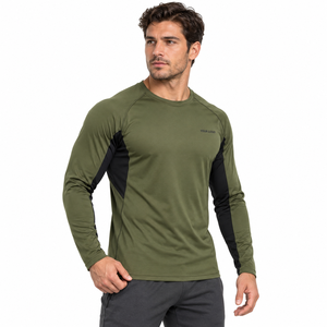 Camiseta Deportiva de Manga Larga para Hombre, Color Verde Oliva, de Secado Rápido, Corte Ajustado, Cuello Redondo, Estilo Deportivo, Logotipo Personalizado Impreso en la Parte Delantera - Product Image 4
