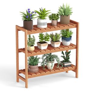 Support à plantes à 3 niveaux en bois massif avec étagères à lattes pour pots de fleurs et jardinières - Product Image 5