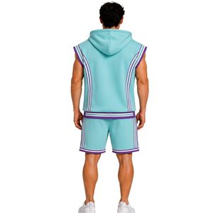 Custom Mens Aqua Purple <b>Sleeveless</b> Hooded Tracksuit Set Custom Logo Gym Fitness Training Sports <b>Hoodie</b> And Shorts Activewear - Product Image 2