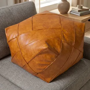 Tan Brown Leather Patchwork Pouf Ottoman Square Floor Cushion Soft Footrest for Living Room <b>Bedroom</b> Lounge Home Decor - Product Image 6