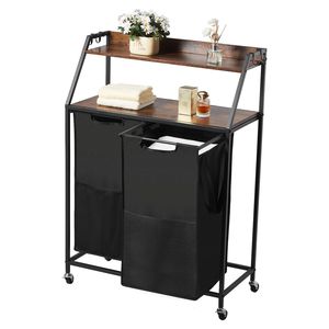 Cesto Portabiancheria a 2 Livelli con Struttura in Metallo e Piano in Legno, Organizzatore con 2 Sezioni e Ruote - Product Image 1