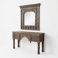 Table console en bois massif artisanale de style Jodhpur, très demandée, avec cadre de miroir décoratif, ensemble de meubles pour salon