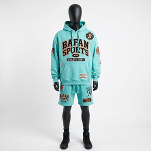 Conjunto de Sudadera con Capucha y Pantalones Cortos para Hombre, Tejido de Felpa de Algodón de 340 GSM, Color Verde Azulado, con Logotipo Bordado en Aplique - Product Image 4