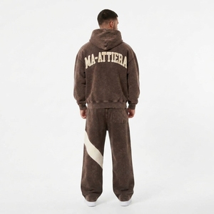 Ensemble de survêtement à capuche pour homme, marron crème, imprimé lettres, fermeture éclair intégrale, coupe ample, style décontracté, 100 % coton, collection automne - Product Image 2