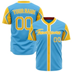 Camiseta de béisbol de último diseño, poliéster premium, ropa deportiva para equipos, logotipo personalizado, camiseta abotonada para hombre, azul claro con ribete amarillo - Product Image 1