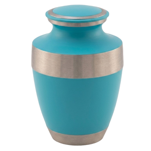 Urnas de cremación de aluminio para adultos con banda plateada y acabado en color aguamarina, urna conmemorativa de aleación metálica duradera para cenizas humanas. - Product Image 1
