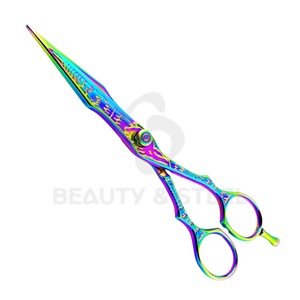 Ciseaux de coiffure professionnels multicolores arc-en-ciel avec motif de dragon sculpté et lames à bords convexes tranchants - Product Image 4