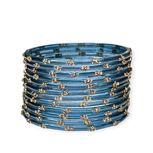 Glossy Emerald Cut Raindrop Blue Glass Kasmiri <b>Bangles</b> with Gold Plated Accents Lightweight Wedding Set for Festive Wear - Product Image 2