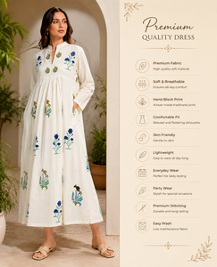 Robe maxi bohème à imprimé floral blanc, 100% coton, manches longues, respirante, décontractée, à porter au quotidien pour femmes - Product Image 3