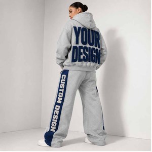 Custom Hooded Tracksuit <b>Set</b> 2 Piece Gray Blue Stripe Embroidery Logo Print Unisex Casual Sportswear Full Length Loose Fit - Product Image 2