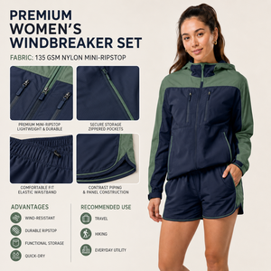 Ensemble veste et short de course pour femme en tissu technique tissé, avec empiècements contrastants, respirant, marque privée, fournisseur en gros - Product Image 1
