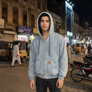 Custom Men's <b>Zip</b>-Up Denim Hoodie Vintage Acid Wash Rhinestone Crystal Streetwear Oversized Baggy Hoodie OEM Manufacturer - Product Image 1