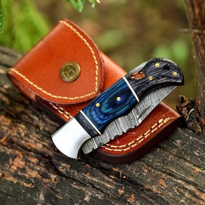 Cuchillo Plegable Artesanal DIY de Acero de Damasco con Punta Recta, Mango de Madera y Funda de Cuero - Personalización OEM - Product Image 3